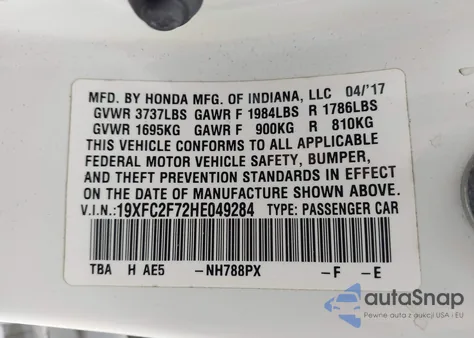 2017 Honda Civic Ex из США, поврежденный, VIN 19XFC2F72HE049284